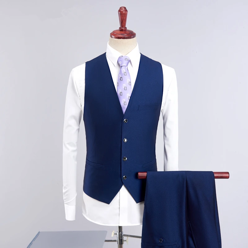 

High Quality Men Suit Slim Design Men Blue Suit Jacket and Pants with Vests ,Asian Size 5XL Men's Wedding Suit