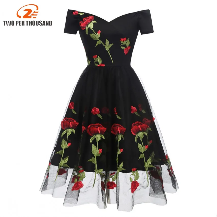 Rose Embroidery Vintage Dress Slash Neck Short Sleeves Wrap High Waist Swing 60s Retro Vestidos Black Mesh Party | Женская одежда