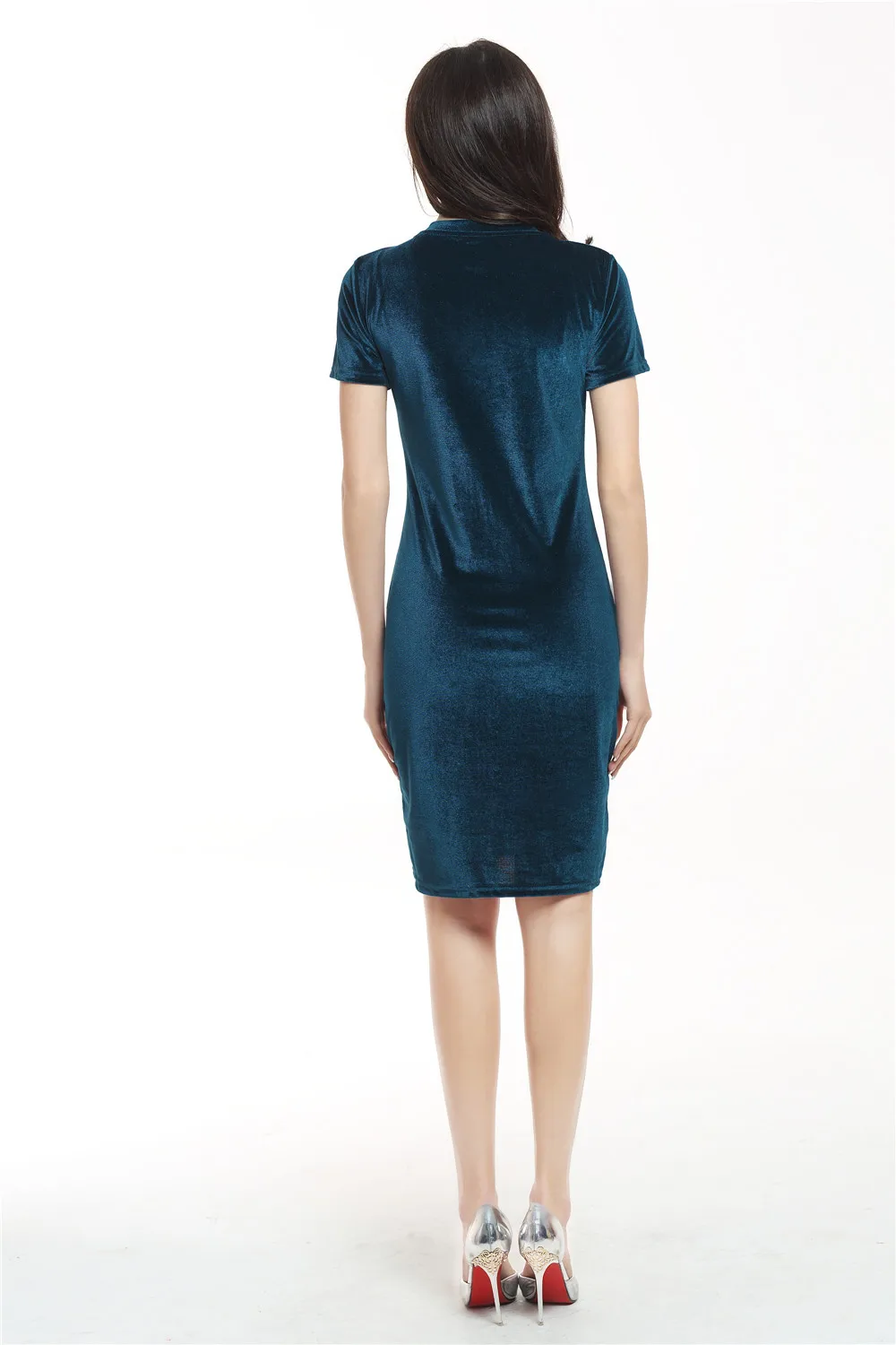 Женский вельветовый футляр платье зеленого и черного цвета с круглым вырезом