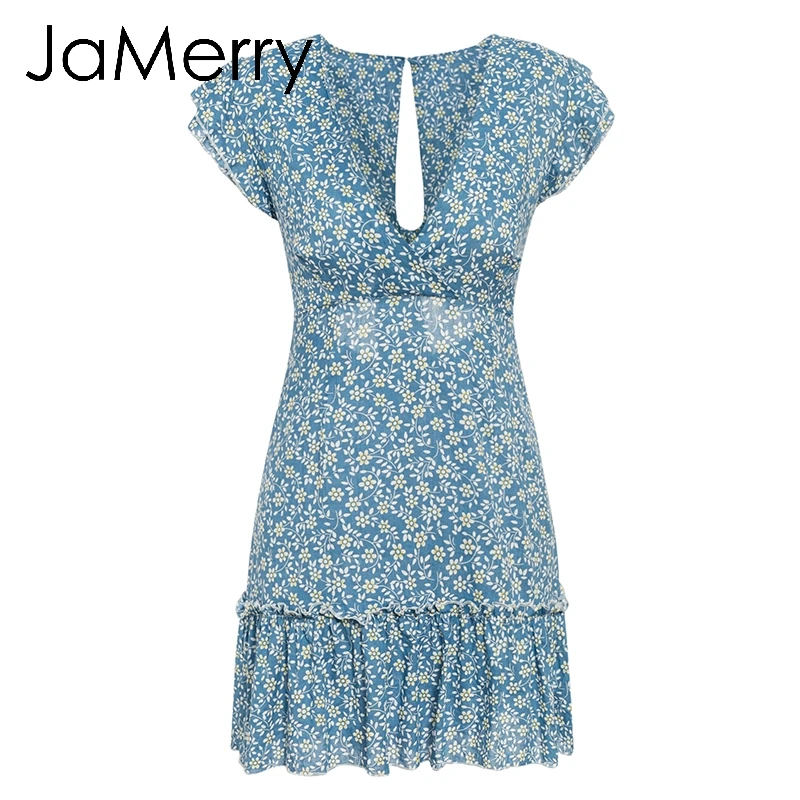 JaMerry Boho Летнее платье с цветочным принтом женское V шейный галстук бабочка рюшами