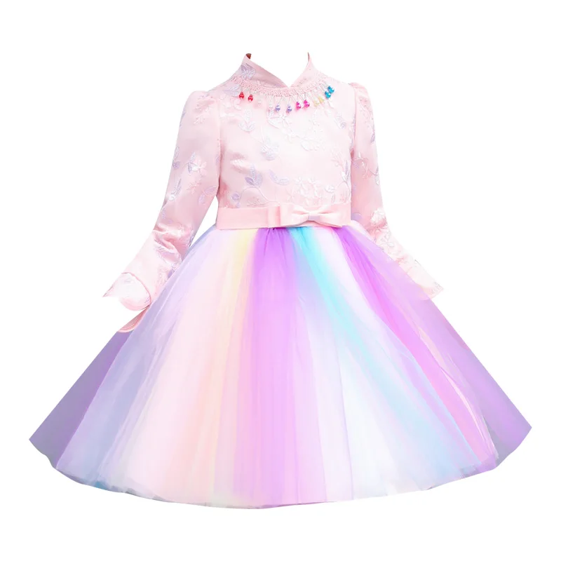 Fairy rainbow dress girls party kids elegant beautiful teens long sleeve fall winter modern qipao wedding little princess | Детская