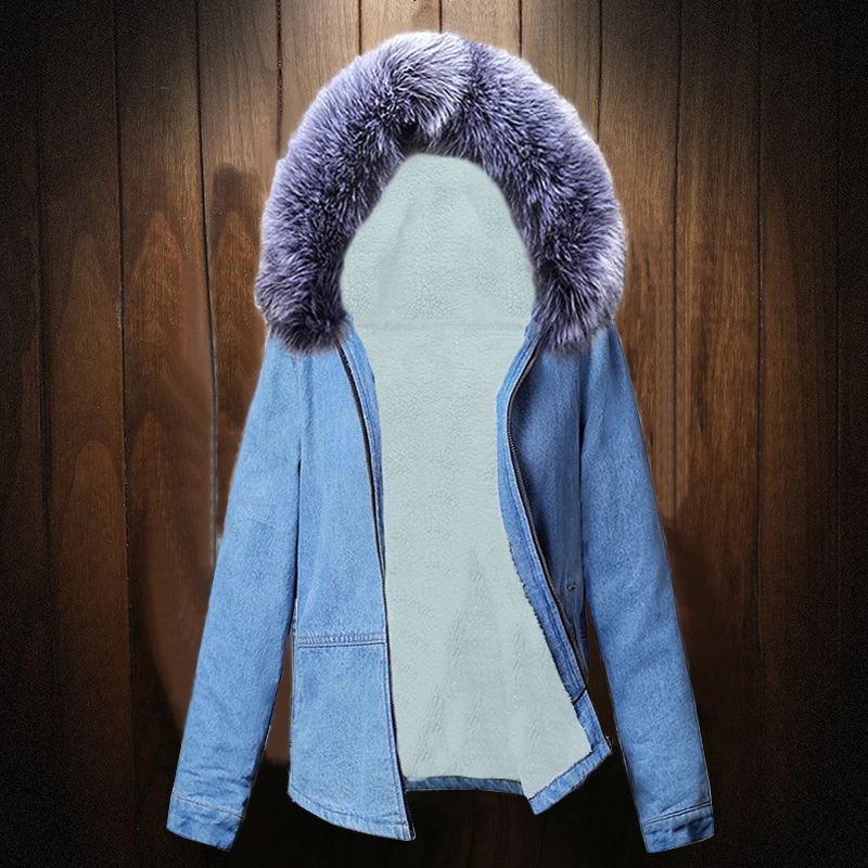 Женская куртка с меховой подкладкой теплая джинсовая размера плюс новинка