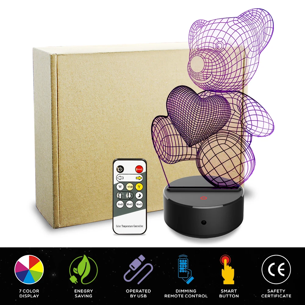 Акриловая Светодиодная лампа в форме сердца медведя 7 цветов|Ночники| |