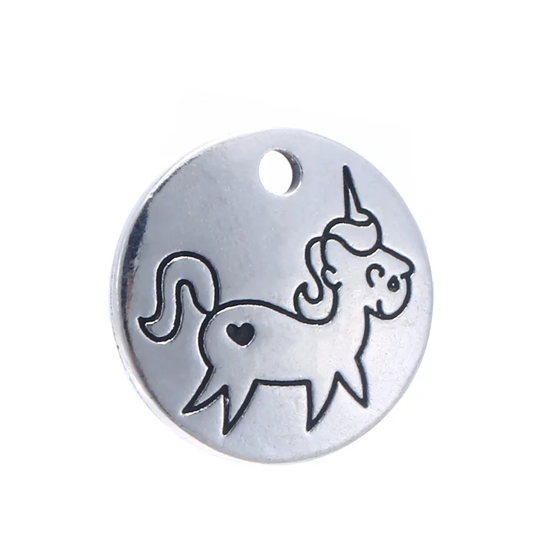 

Hoting selling 10 Pieces/Lot 25mm Antique Silver colour letter printed Unicorn charm Animal charm round disc message charms