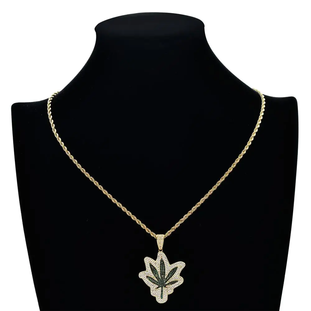 TOPHIPHOP Bling Iced Cubic Zirconia Green Maple Leaf Pendant Necklace Gold Brass Hiphop Jewelry Gifts for Men and Women | Украшения и