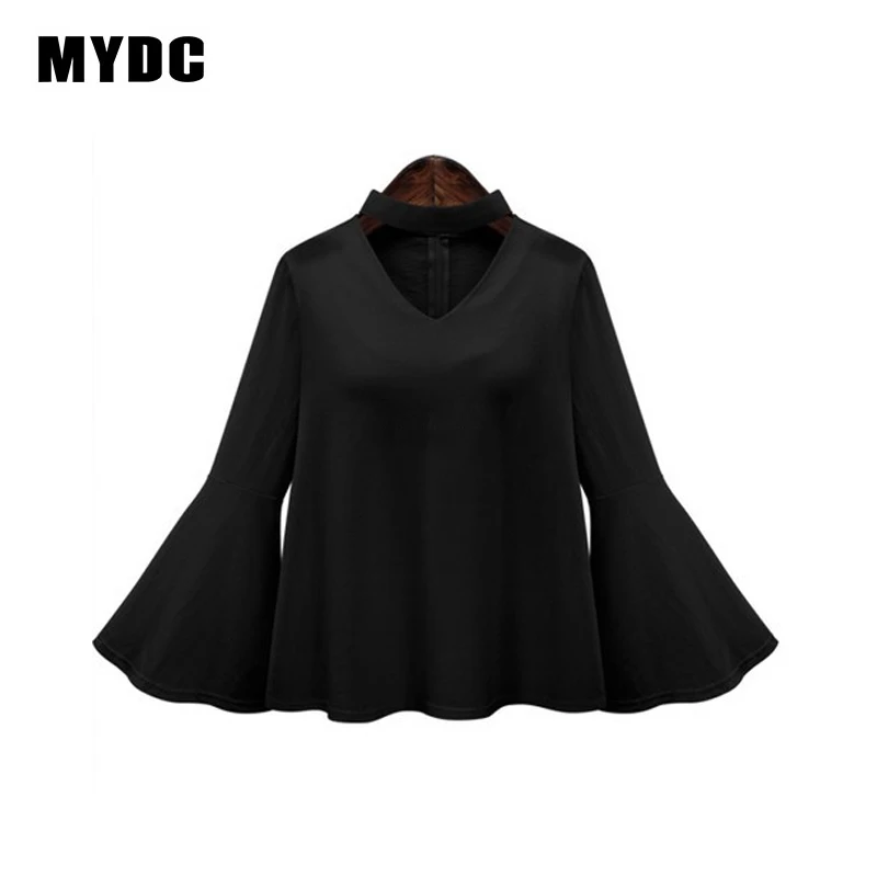 MYDC 2018 summer women solid v-neck loose plus size shirt flare sleeve ruffles chiffon XL-5XL tops casual |