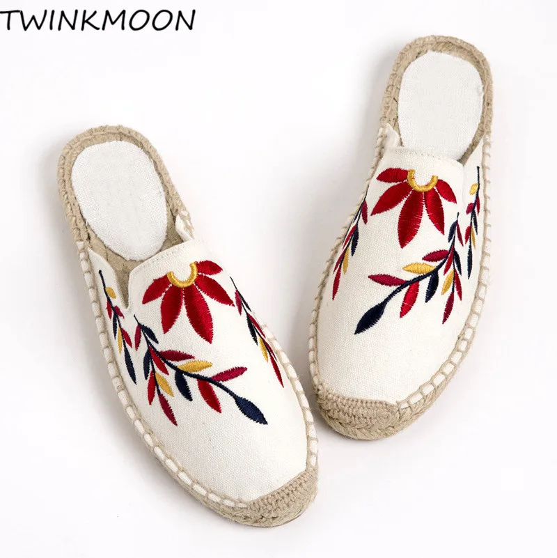 Женские туфли мюли ручной работы сандалии на плоской подошве с вышивкой в