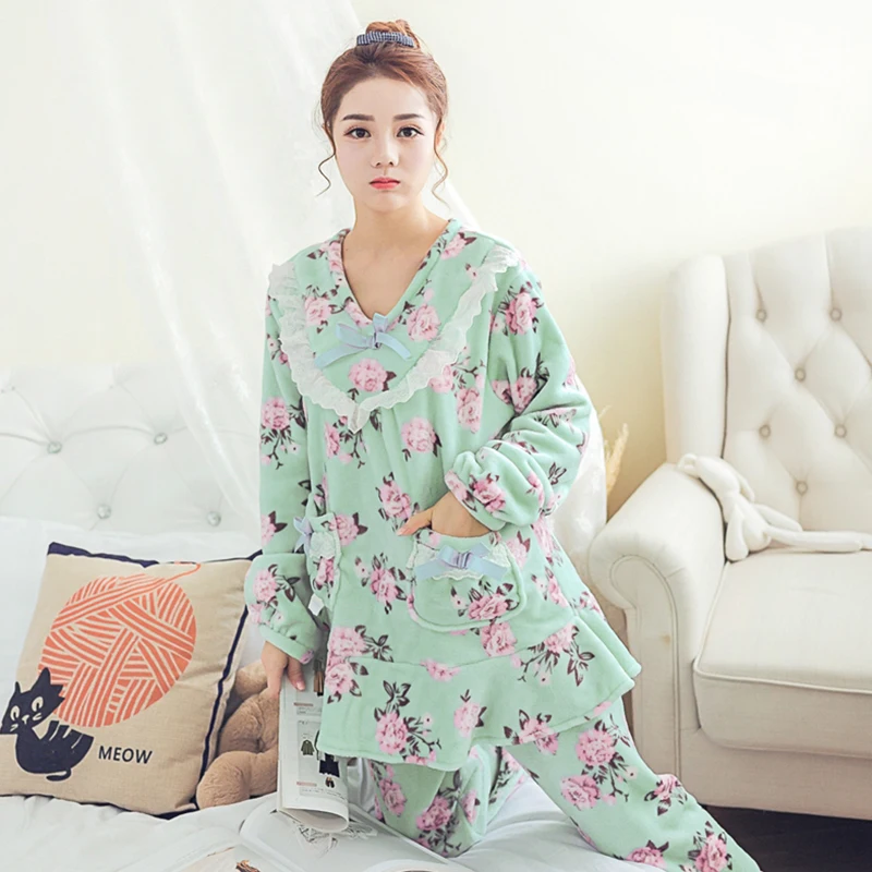 Womenpyjama Наборы для ухода за кожей Фланелевая Пижама милая девушка с цветочным
