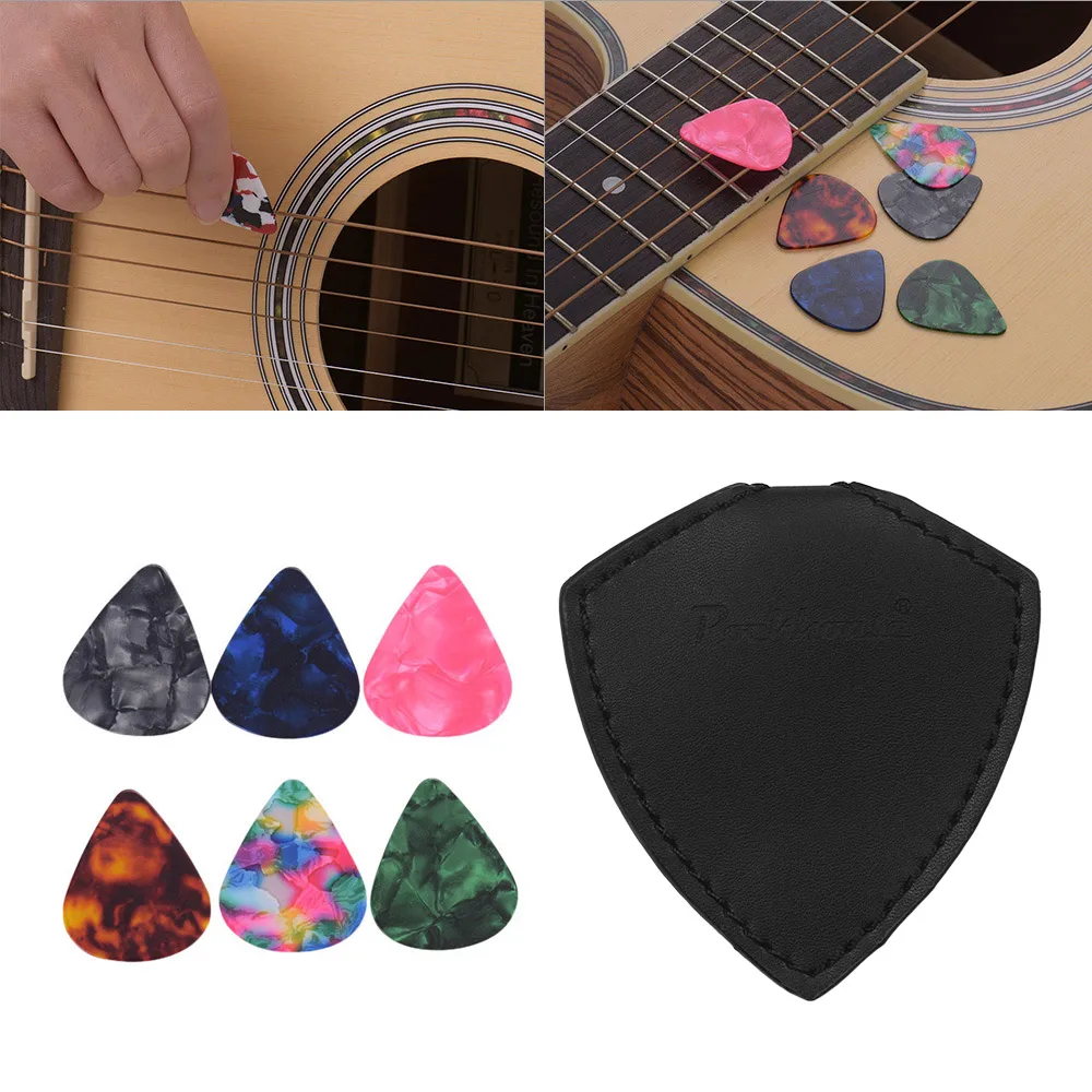 6 шт. разноцветных целлулоидных гитарных медиаторов + чехол для из микрофибры и