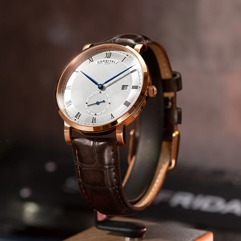 Карнавальные автоматические часы для мужчин Reloj Hombre с кожаным ремешком, механические часы в римском стиле, водонепроницаемые наручные часы с календарем