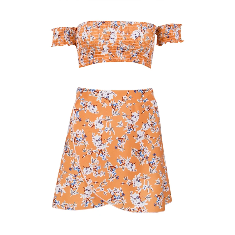 Сексуальный женский топ с цветочным принтом из двух частей и юбки коротким