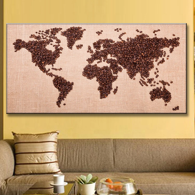 1 шт./компл. огромная картина Карта мира холст печать коричневый кофе бобы