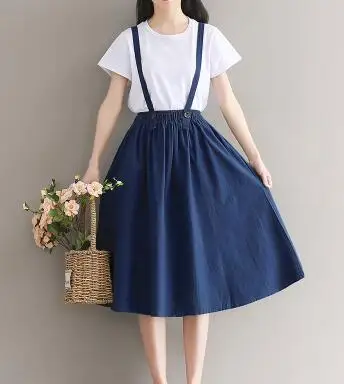 navy blue Женские льняные хлопковые длинные юбки на лямках,, для девочек, эластичная резинка на талии, трапециевидные макси юбки, комбинезоны, Винтажная летняя юбка, Faldas Saia - Цвет: navy blue