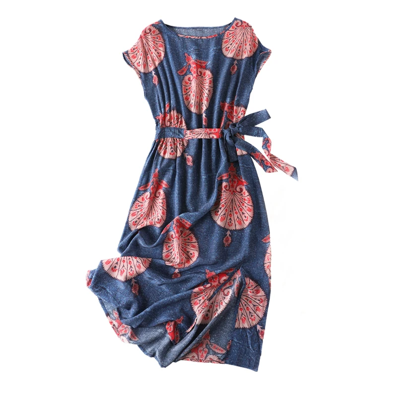 Женское Летнее шелковое платье с круглым вырезом плюс размер Винтаж натуральный