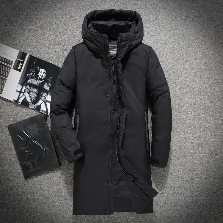 Мужское длинное пуховое пальто зимние куртки с капюшоном на белом утином пуху