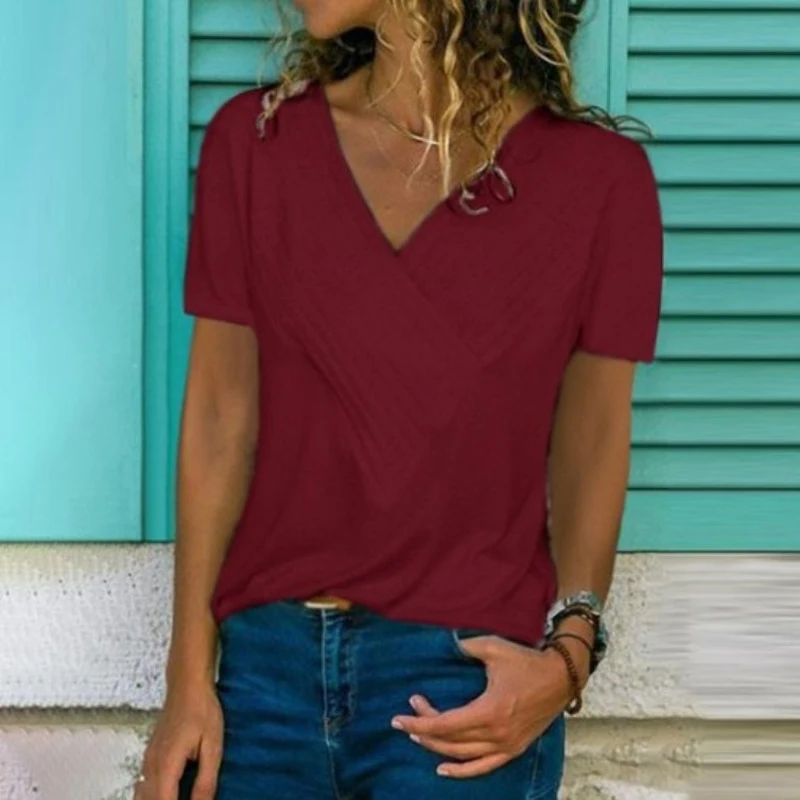 Women's Summer Blouses 2019 Slim Fit Stitching V-Neck Short-Sleeved Solid Color Top Sexy Fashion Women T Shirt | Женская одежда