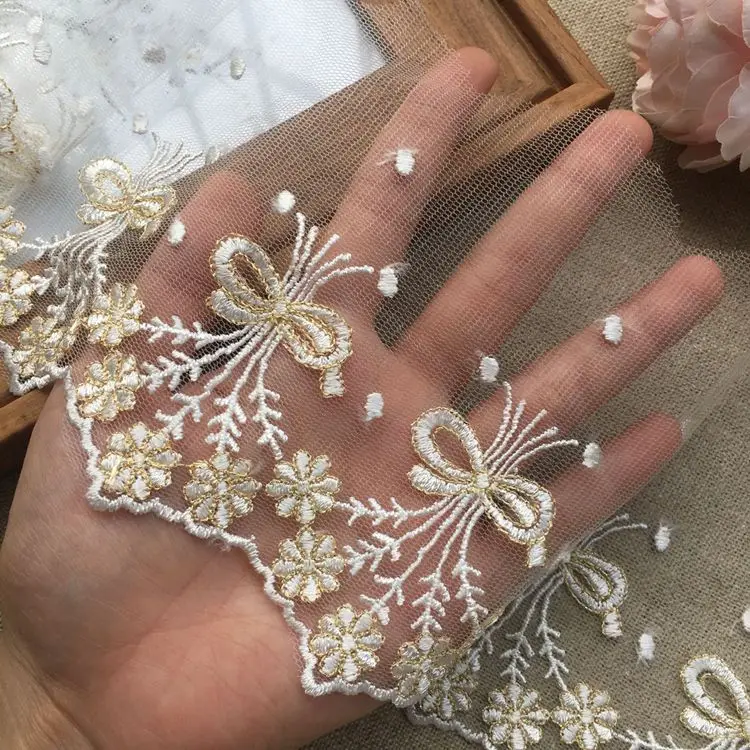 Высококачественная сеточная кружевная отделка для одежды золотого цвета