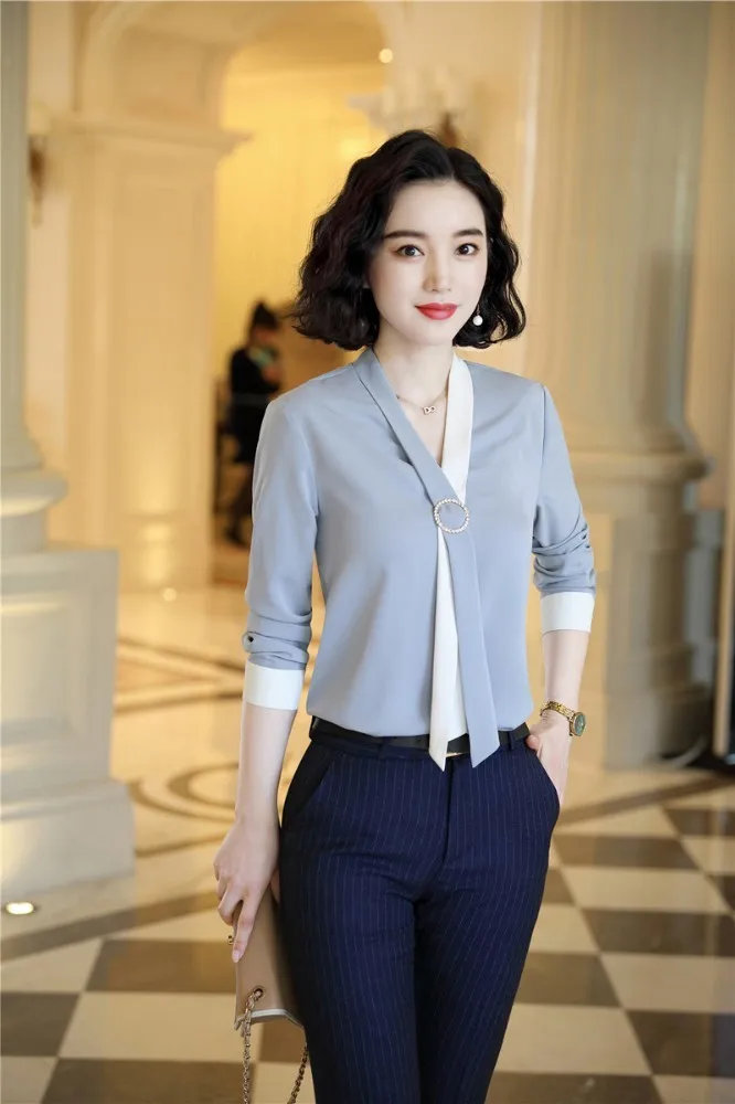 Женский деловой костюм из 2 предметов блузка и рубашка с брюками топом осень