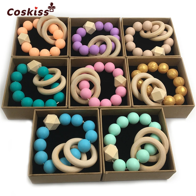 

Baby Teether Nursing Bracelet Food Grade Silicone Beads Wooden Ring Teether Nature Safe Organic Infant Baby Bangle Teether Toys