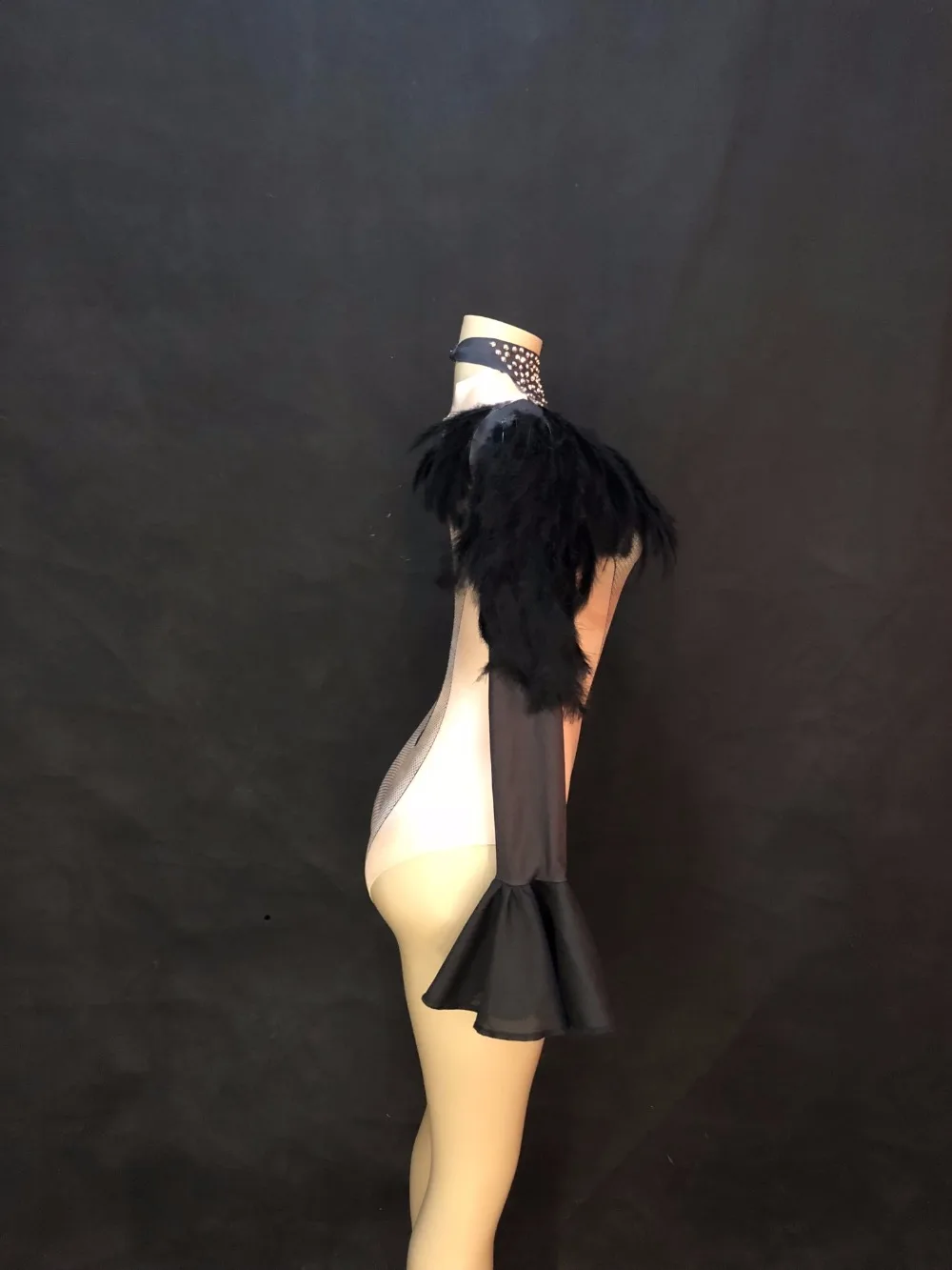 Women Sexy Stage Bodysuit Black Feather Sparkling Crystals Jumpsuit Nightclub Birthday Party Dancer Singer Stage Wear Costumes