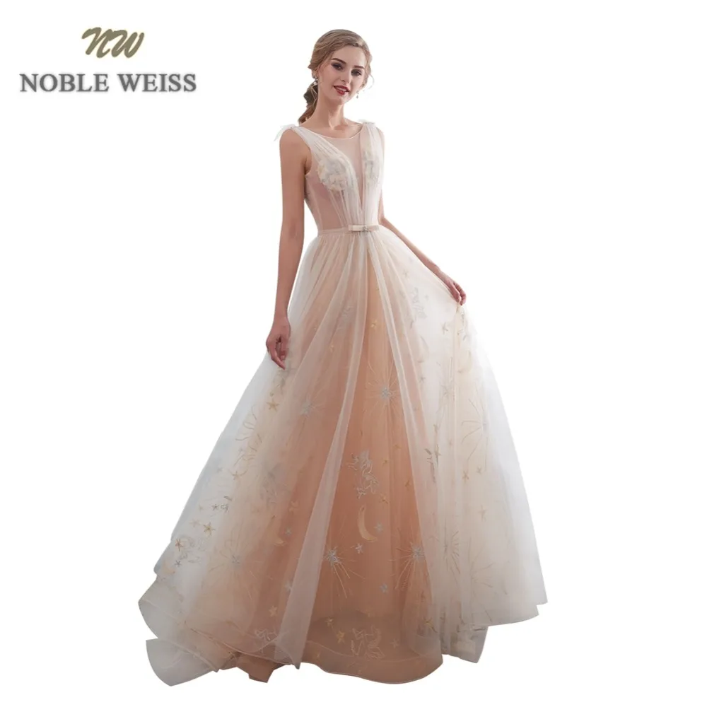 NOBLE WEISS прозрачные вечерние платья с круглым вырезом 2019 цвета шампанского