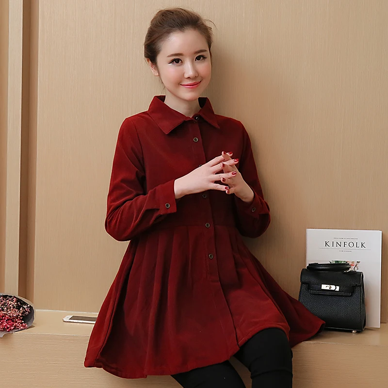 

Pleated Waist Button Corduroy Maternity Blouses 2019 Spring Korean Fashion Pregnancy Tunic Tops Clothes For Pregnant Women
