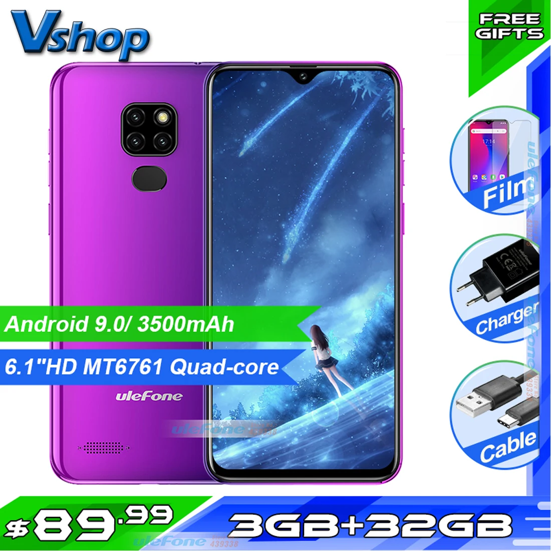 Смартфон Ulefone Note 7P Android 9 0 четырёхъядерный 3500 мАч 6 1 дюймовый экран Waterdrop 3 Гб + 32 ГБ