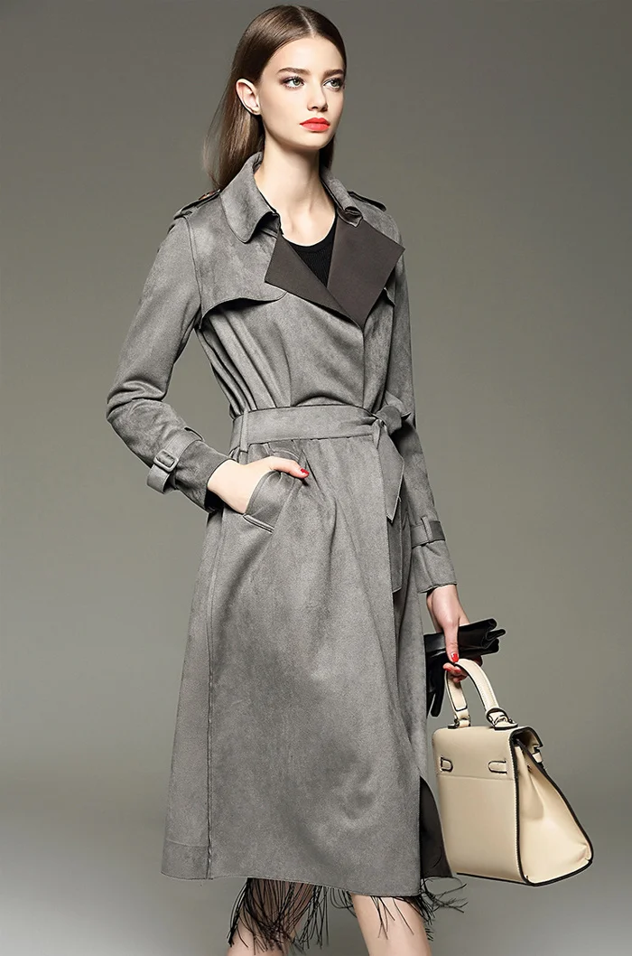 New Autumn Suede Trench Coat Women Mujer Long Elegant Outwear Female Overcoat Slim Red Suede Cardigan Trench