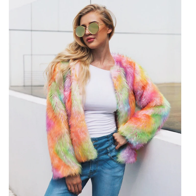 

Savabien 2019 Rainbow Faux Fur Coat Long Sleeve O Neck Furry Luxury Fake Fur Jacket Festival Overcoat Cardigan Streetwear Female