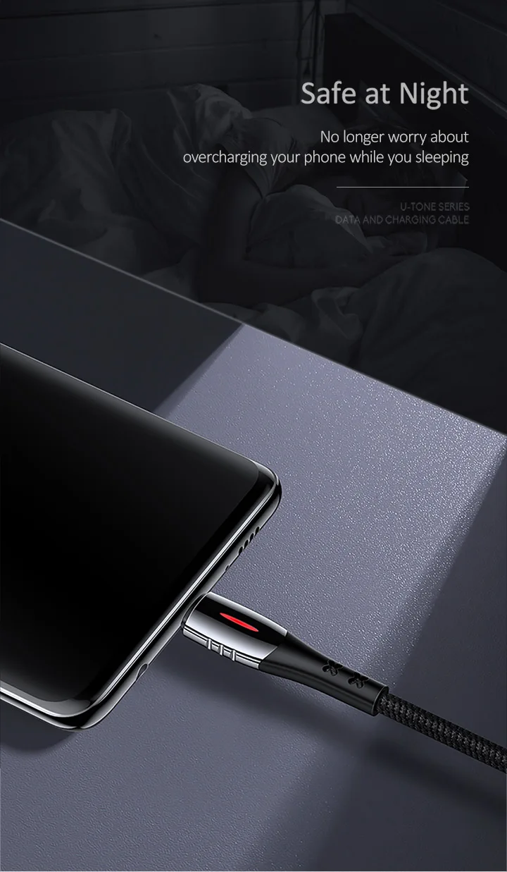 USAMS Тип-C USB кабель авто отключен, поддержка QC3.0 для зарядки, Нейлоновый, в оплетке кабель с светодиодный светильник для c кабель смарт-кабель для зарядного устройства