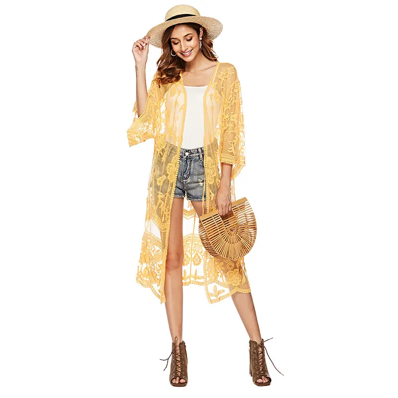 BOHOFREE длинное кимоно с цветочной кружевной вышивкой свободное пляжное макси