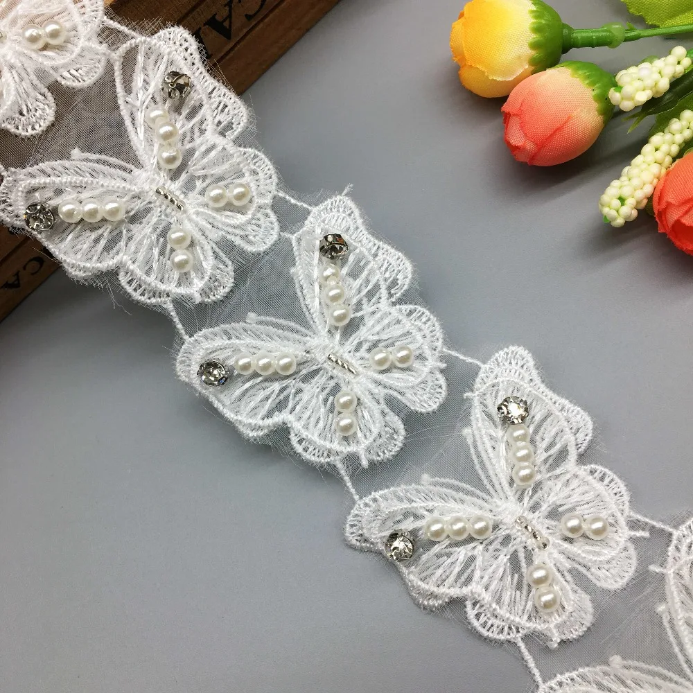 10 шт. белые 3D Стразы вышитые бабочки жемчужные бусины кружевная отделка