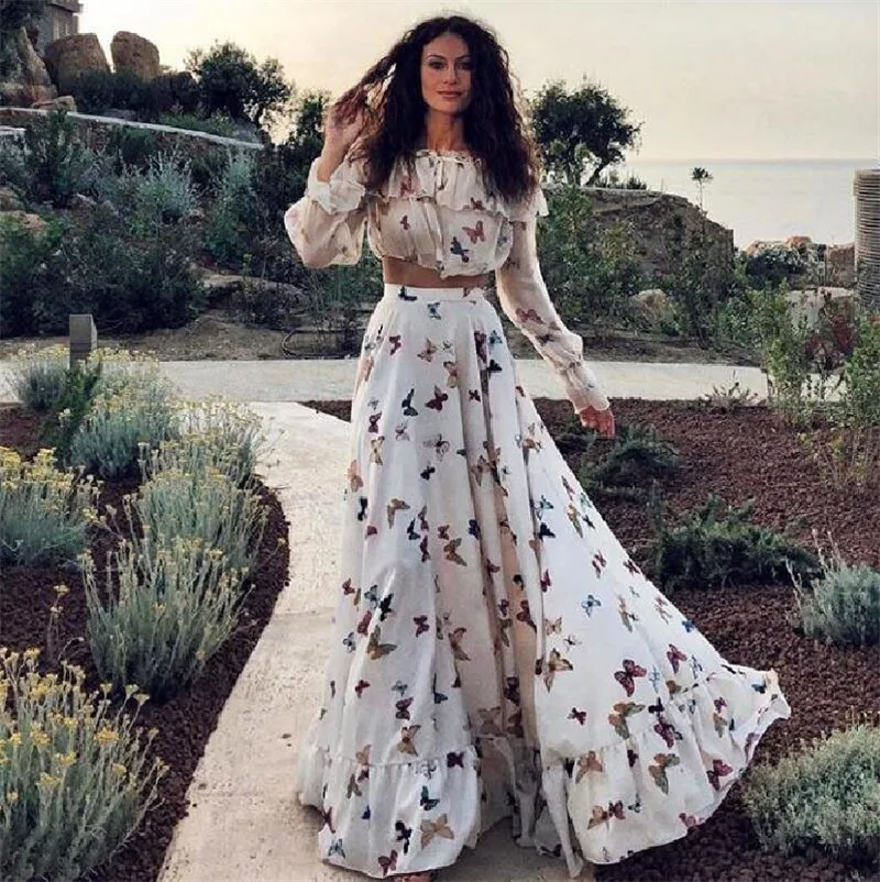 2018 Women Autumn Spring Sexy Print Dress Party Vintage Elegant Casual Fashion White Maxi and Tops Plus Size 2pcs/set | Женская одежда
