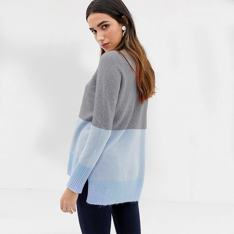 HDY Haoduoyi Autumn Simple Stylish Three-color Stitching Asymmetrical Hem Split Sports Leisure Long Sleeve Boyfriend Sweater | Женская