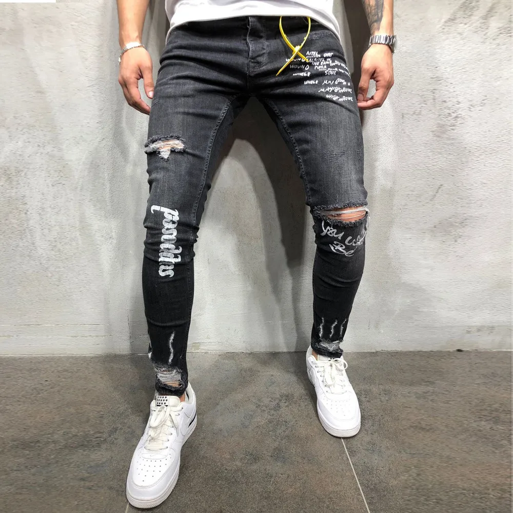 Мужские эластичные джинсы ropa de hombre черные облегающие с дырками на ногах принтом и