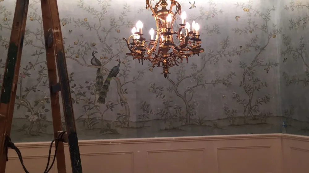 Индивидуальные шелковые обои с эффектом старины ручная роспись цветами птицами