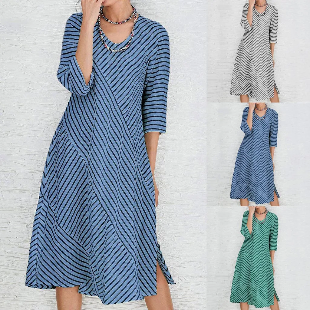 Женское пляжное Повседневное платье с круглым вырезом в полоску принтом