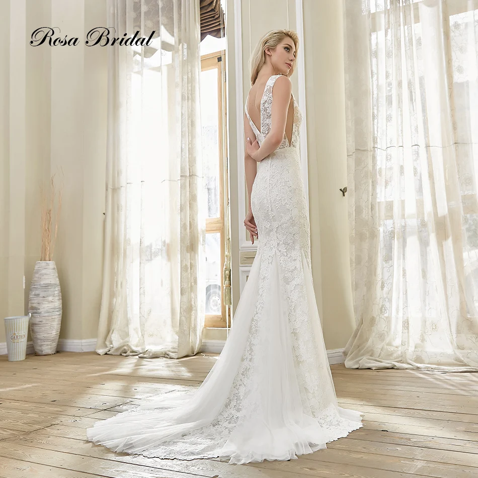 Rosabridal 2019 new Mermaid Wedding Dress Glimpse Deep V-neck Sleeveless Beading Lace Embroidery invisible backless dress