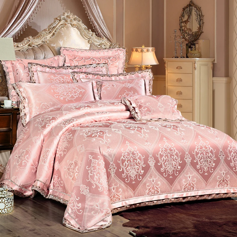 barato 4/6pcs Luxo Queen King Size Conjunto De Roupa De Cama De Cetim Jacquard Algodão Capa De Edredão Conjunto De Lençóis De Cama 40