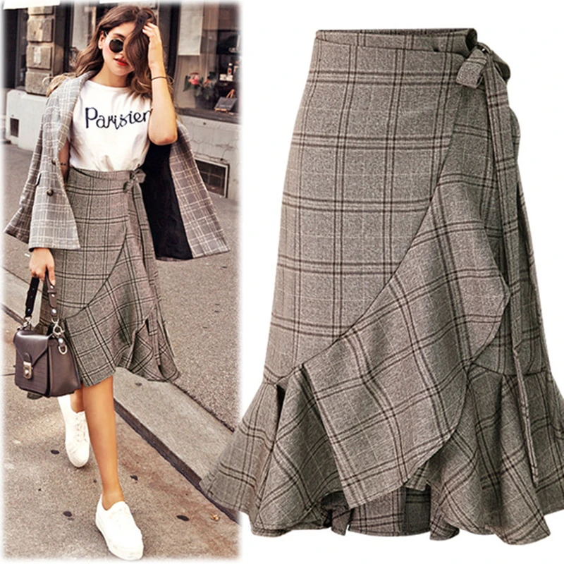 Newest Women High Waist Plaid Trumpet Skirts Female Elegant Lace Up Midi Gray Mermaid Skirt Casual winter Clothing For Girl | Женская