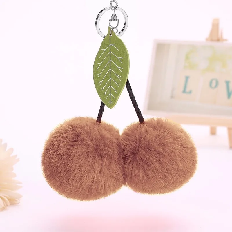 2017 New Arrival Cherry Keychain Natural Rabbit Fur Silver KeyRing Women Double Ball Pompon Key Chain Phone Bag Pandent Female | Украшения