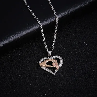 

Romantic Gold Color Cubic Zirconia Love Heart Pendant Hand in hand Necklace For Mother Charm Women 3 Choice Choker Jewelry N62