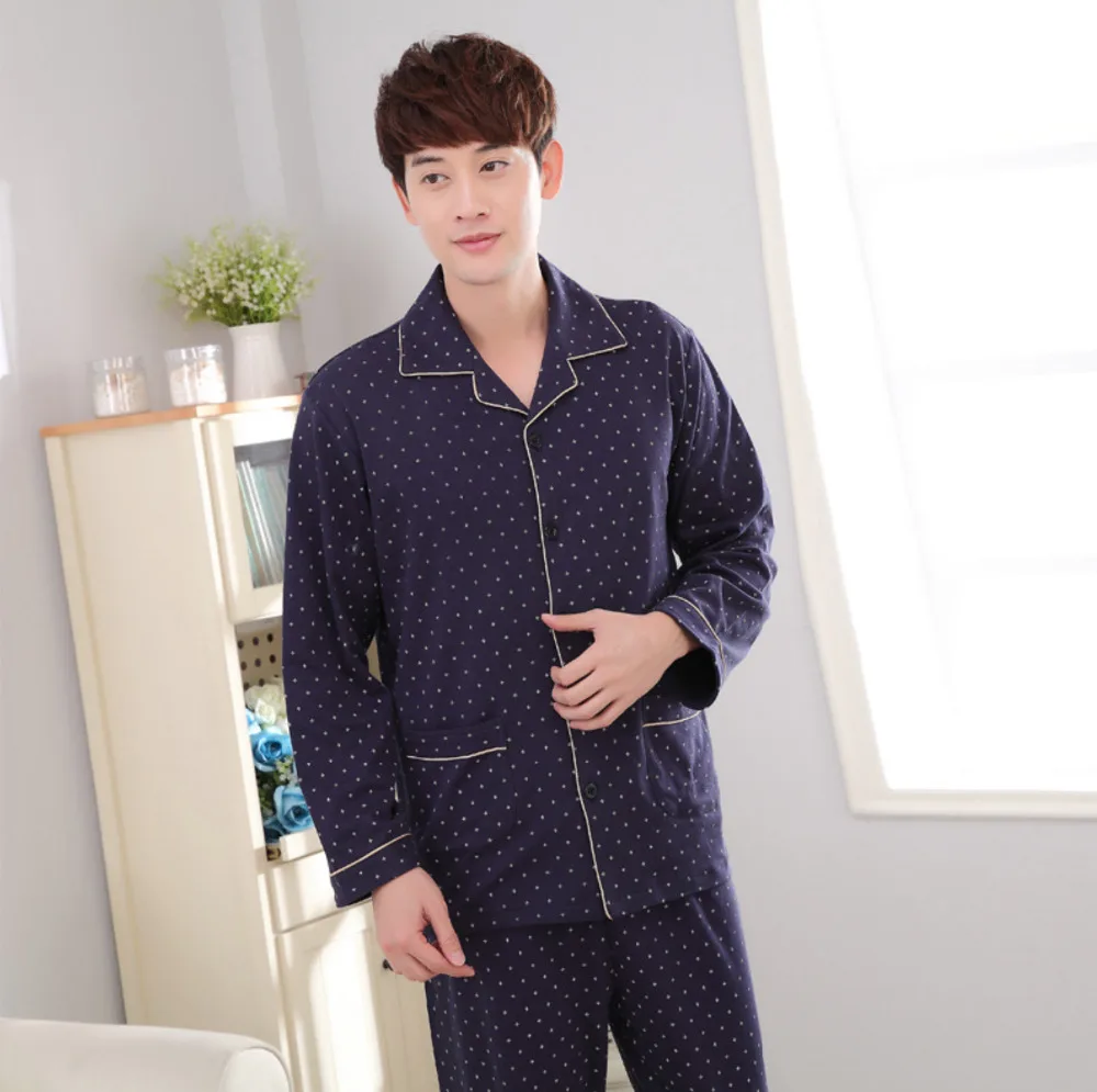 Осень и зима мужчины пижамы 100% хлопок полный отложным Воротником Классический