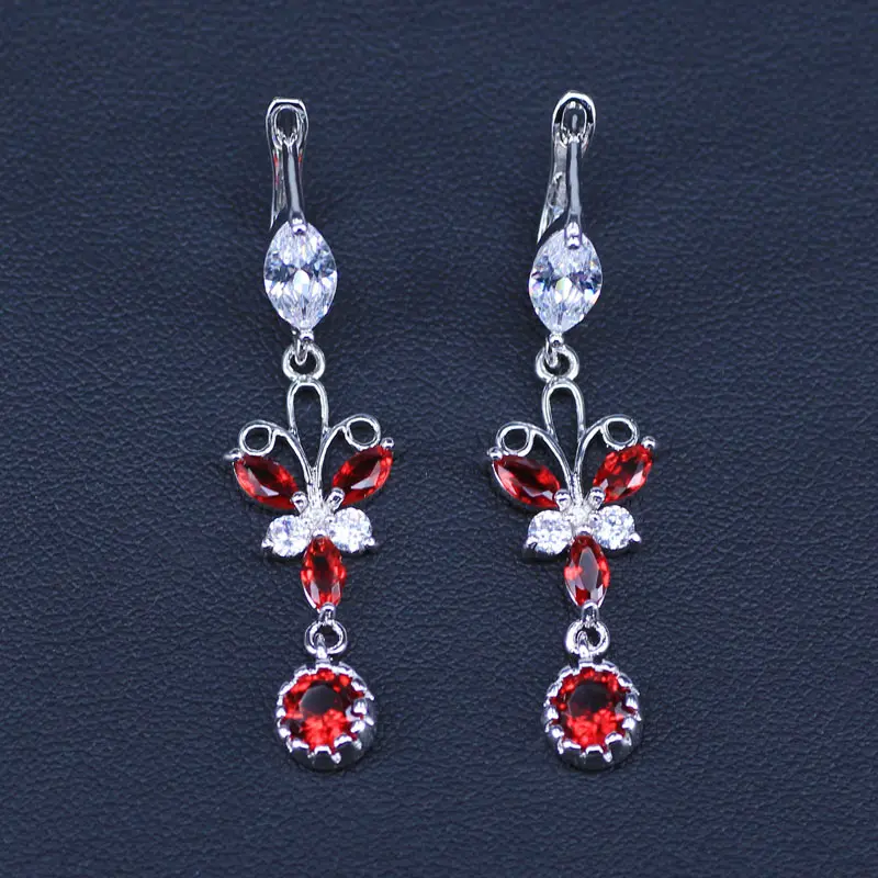 Розовый Красный Циркон Серебряный Цвет Бабочка Ювелирные наборы для украшения