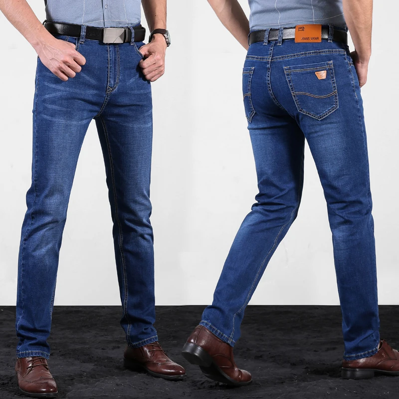 Мужские эластичные джинсы стрейч синие прямые брюки из хлопка большие размеры