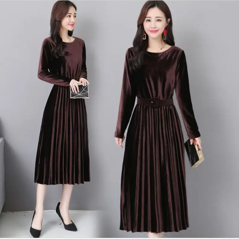 

2019 new Autumn Korean Style Women Pleated Dress Velvet Elegant A Line Long Sleeve Ladies Dresses Work Office Femme Vestidos