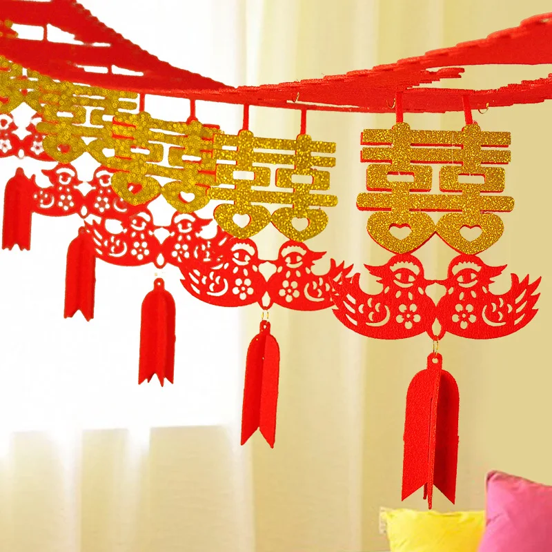 3m Double Happiness Garland Non Woven Fabrics For Happy Wedding Decorations Classic Wedding Room Hanging Pendants