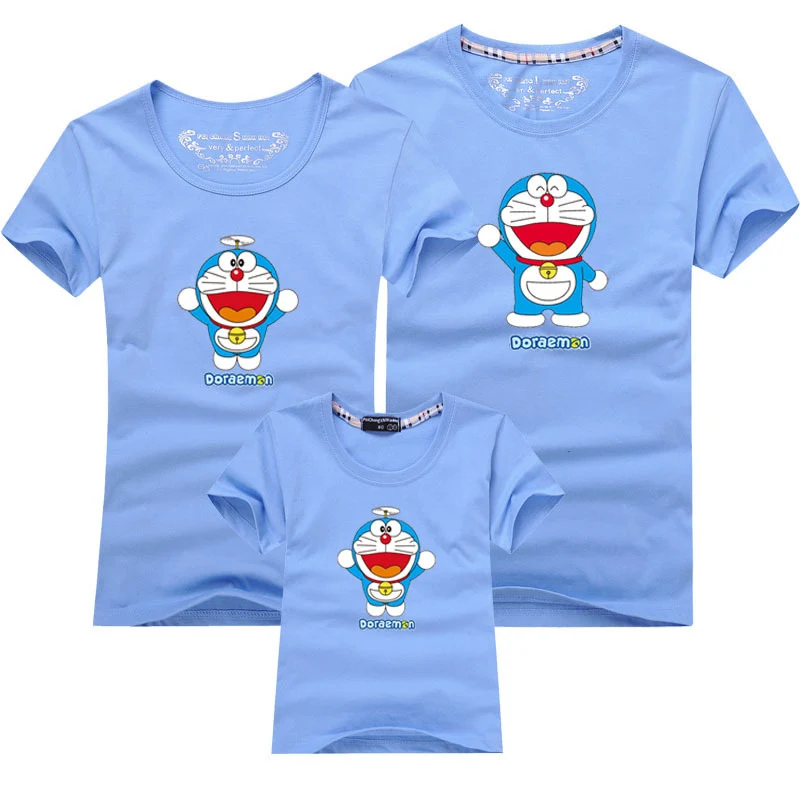 Light blue Doraemon/Новая летняя детская одежда для мальчиков и девочек Свободная Женская футболка с короткими рукавами одинаковые комплекты для отдыха для детей - Цвет: Light blue