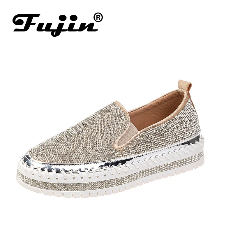 Fujin/Брендовые женские кроссовки без шнуровки; модная женская обувь на плоской платформе; сезон весна-осень-лето; слипоны; стразы; Blingbling; повседневная обувь - Цвет: Золотой