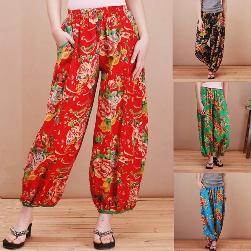 Хлопковые Штаны большого размера с цветочным принтом в национальном стиле